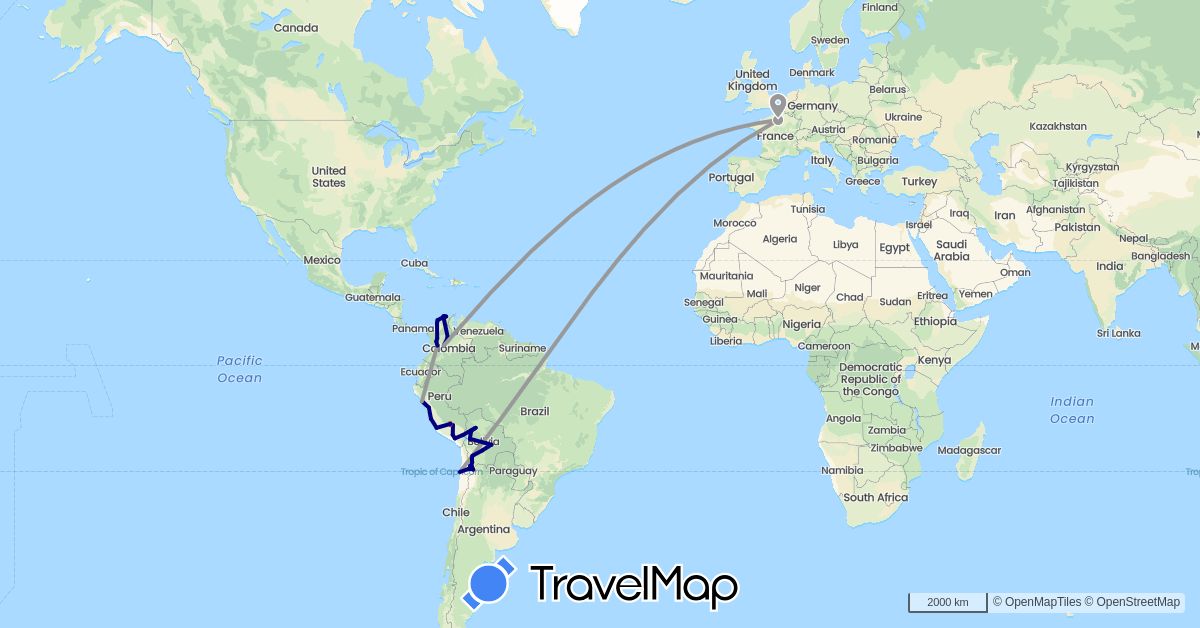 TravelMap itinerary: driving, plane, hiking in Bolivia, Chile, Colombia, France, Peru (Europe, South America)